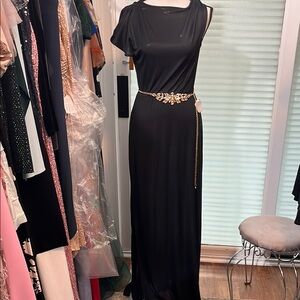 BCBGMaxAzria Black and Gold One Shoulder Cocktail Gown